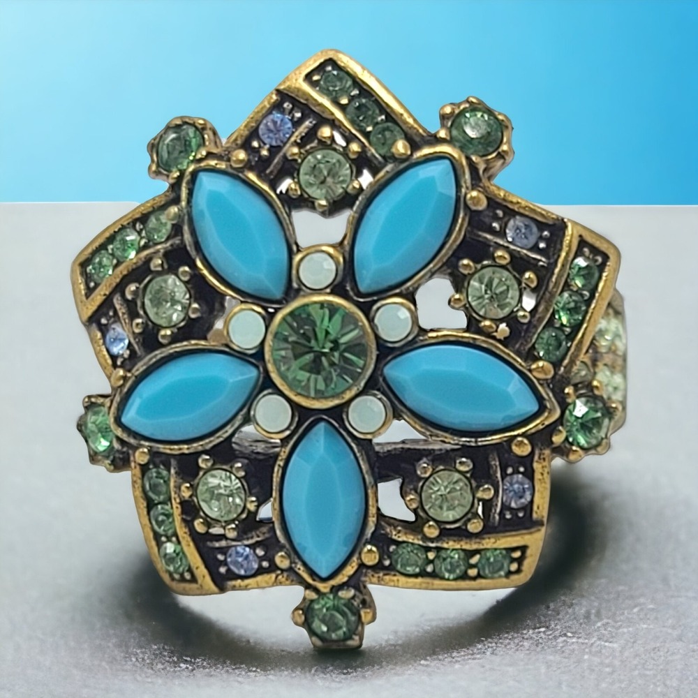 Heidi Daus Star Dome Statement Ring Size 11.5 Blue Green Crystals Flower